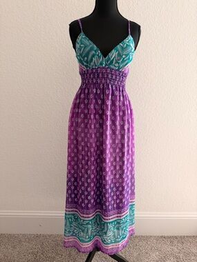 She’s Cool Teal Purple Floral Smocked Maxi Dress | Adjustable Straps Boho Dress
